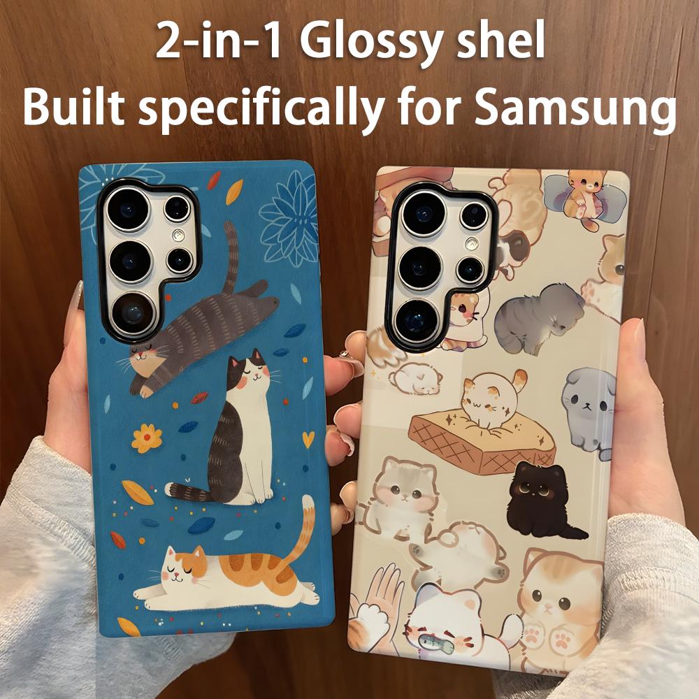Shelly - かわいい猫柄スマホケース 2-in-1 光沢シェル Samsung Galaxy S25