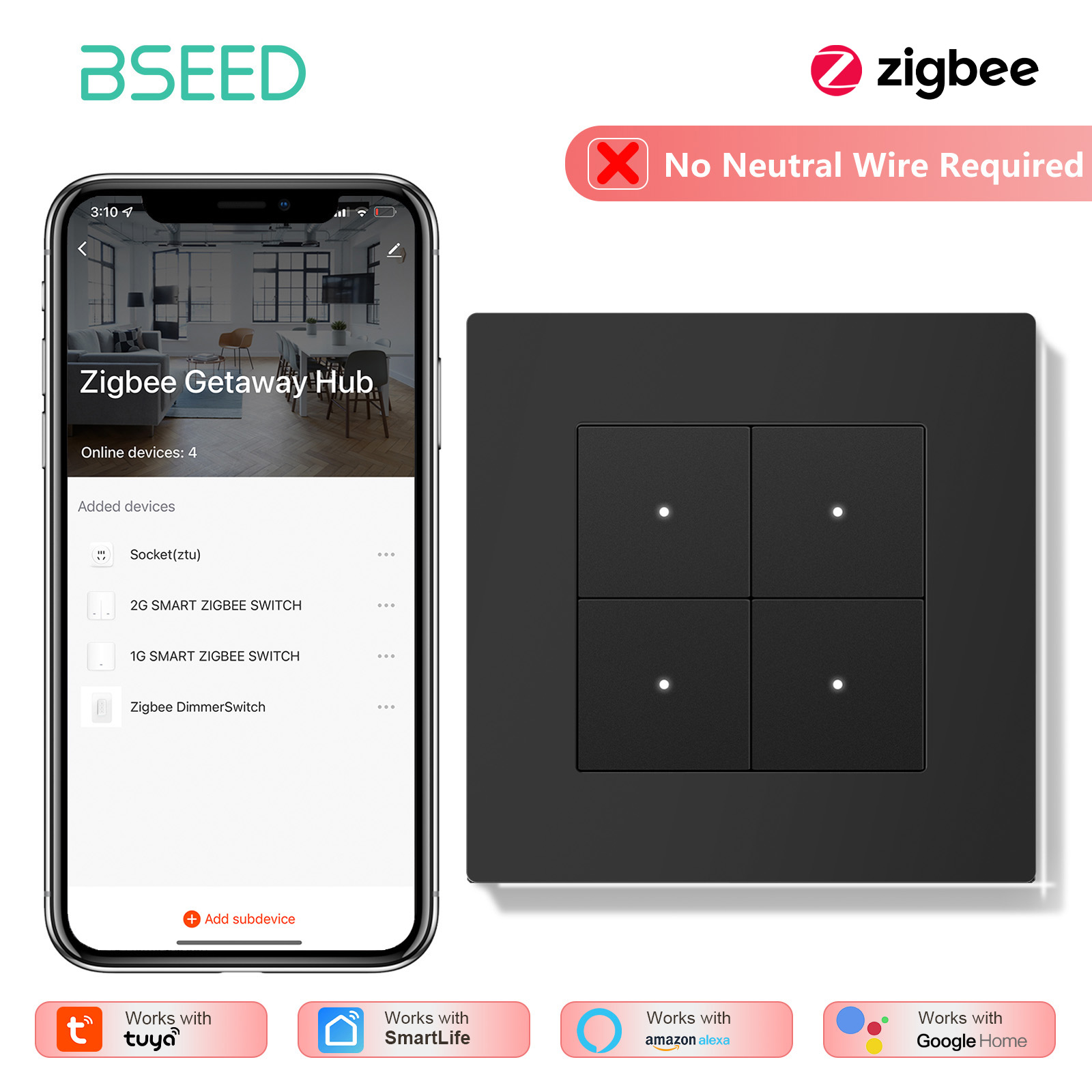 BSEED 1/2/3/4Gang Zigbee ライトスイ - Tuya 4 Channel のレビューと価格